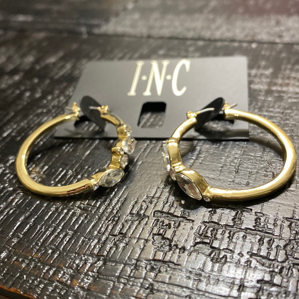 Beautiful NWOT INC Hoop Earrings In Gold Tone With Crystals! - Picture 1 of 2